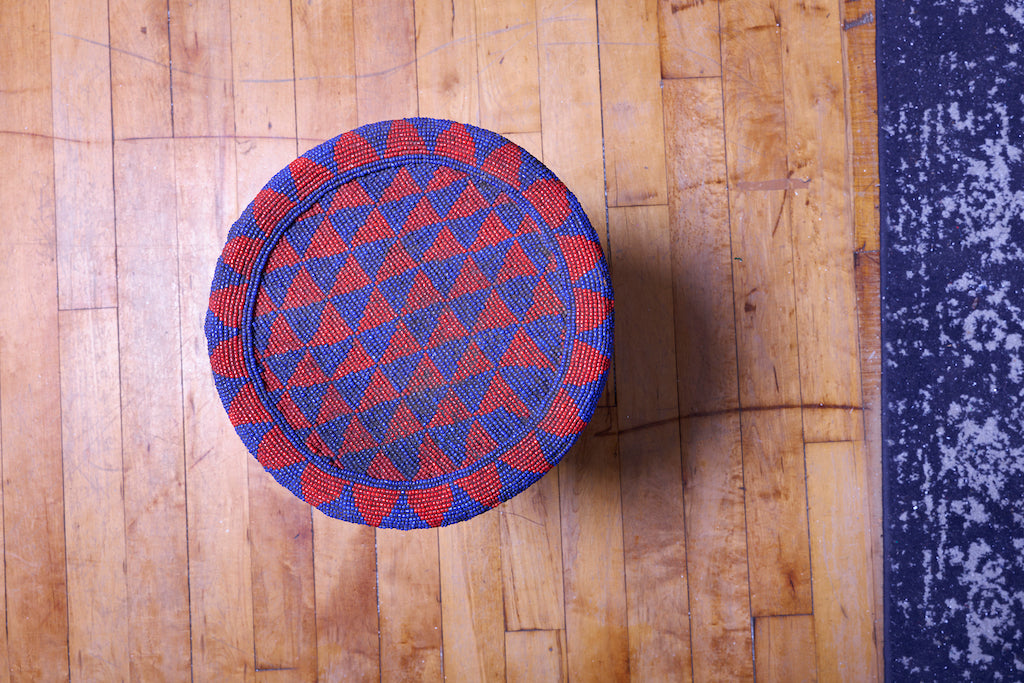 #38 Hand-carved Central African Blue & Red Beaded Stool