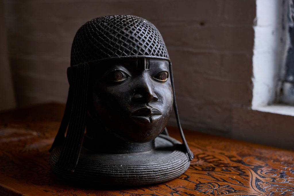 #40 Hand-carved West African Sitting Bronze Face Sculpture