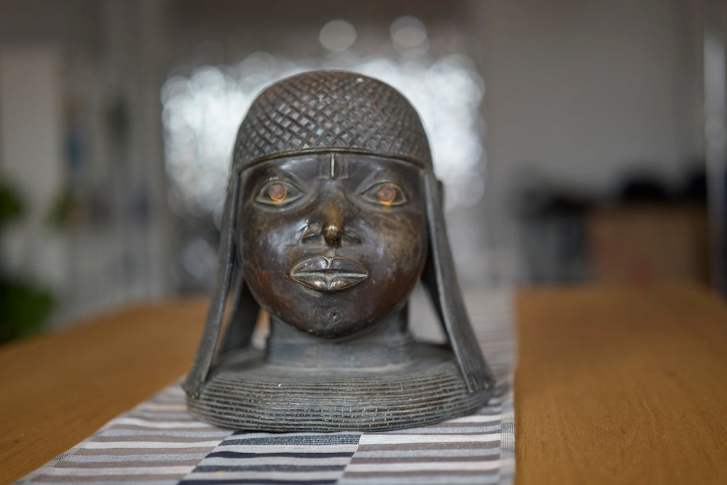 #40 Hand-carved West African Sitting Bronze Face Sculpture