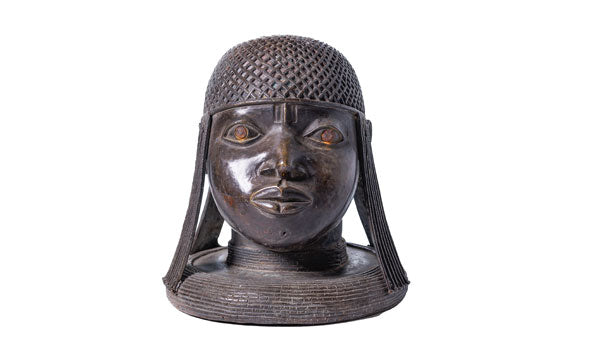 #40 Hand-carved West African Sitting Bronze Face Sculpture