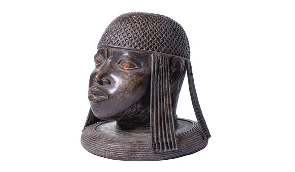 #40 Hand-carved West African Sitting Bronze Face Sculpture